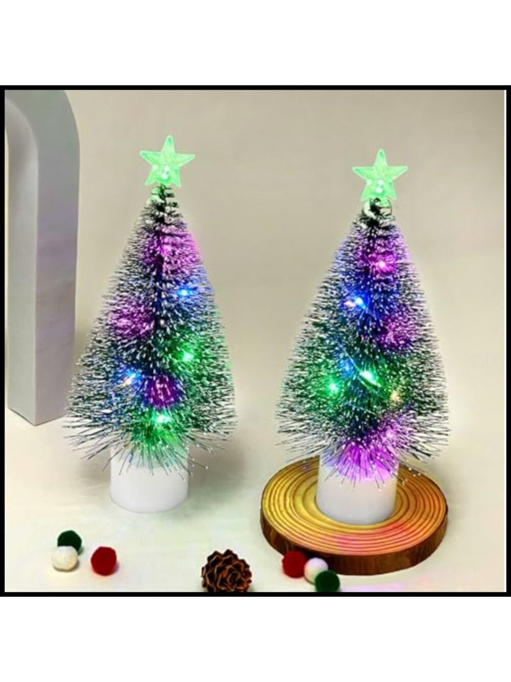 2 Pc Mini Christmas Tree Set with LED Lights & Star 7" Tabletop